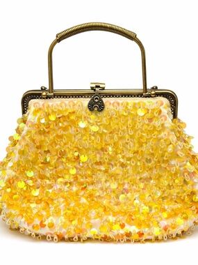 Vintage Beaded Sequin Handbag Gold Iridescent Clasp Top Evening Bag